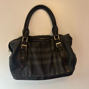 Burberry Black Perforated City Leather Dark Charcoal Check Medium Ellers Bag
